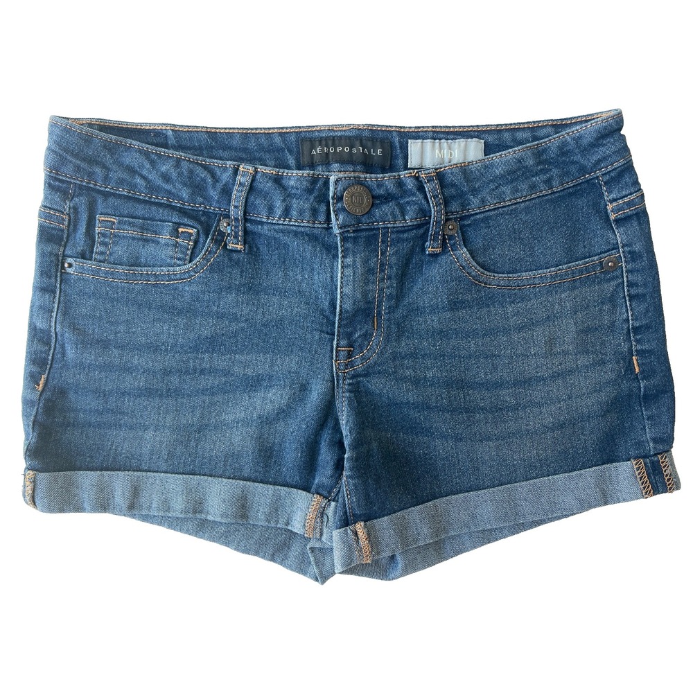 Aeropostale Jean Shorts Midi Womens 4 Medium Wash Whiskered‎ Denim Cuffed